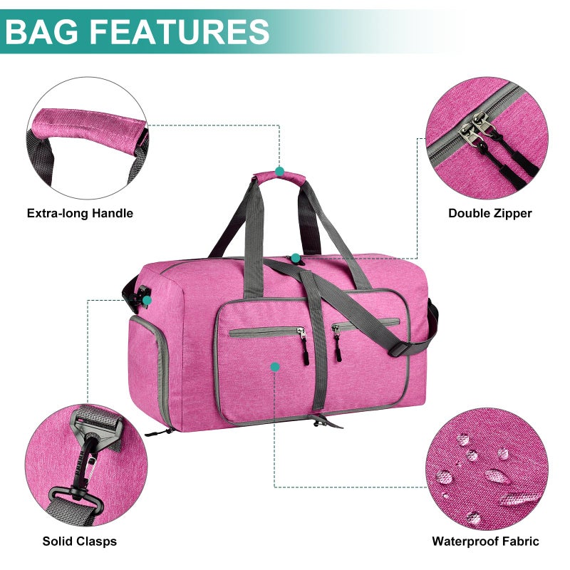 Dimayar 65L Travel Duffle Bag for Men Women - Foldable Duffel Bag with Shoes Compartment - Overnight Bags Waterproof & Tear Resistant(Rouge Pink) - Image 3